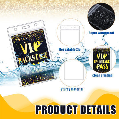 Gueevin 50 Sets VIP Badge Lanyards with Plastic VIP Pass Cards Black and Gold Pass Cards Safety Clear Plastic Badge Holder Black Lanyards for Backstage Party Concert Event