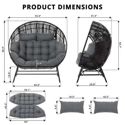 IRONCK 2 Person Egg Chair Outdoor Indoor, Oversized Double Wicker Lounge Chair, Thickened Padded Cushions and Headrests, 680Lbs Egg Loveseat for Patio, Balcony, Living Room, Porch, Gray