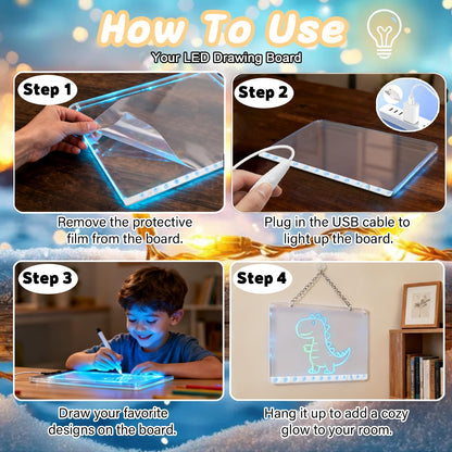 2026 2Pack LED Drawing Board with Colors, Glow Doodle Acrylic Dry Erase Board for Kids Ages 6+, 13.7"x9.75" Plug-in Light Up Note Boards for Boys & Girls Drawing & Creative Play