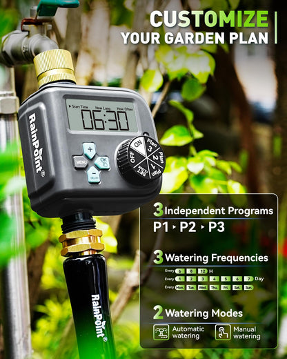 RAINPOINT Sprinkler Timer with 3 Different Programs, Waterproof Hose Timer Brass Inlet with Rain Delay/Manual/Automatic Irrigation System, 1 Outlet