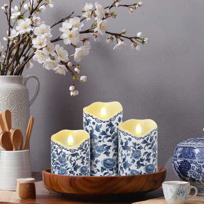 Lebaley 3PCS Chinoiserie Flameless Candles – Blue and White Porcelain Candles with Remote,Floral Battery Operated LED Candles,Blue Pillar Candles Chinoiserie Decor for Home Weddings Party Festivals