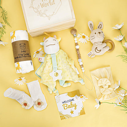Elysirise Baby Girl Gifts, for Girls,Newborn Essentials Baby Girl Basket,Wooden Baby Gift Basket Swaddle Blanket Rattle Toy Headband Bow Infant