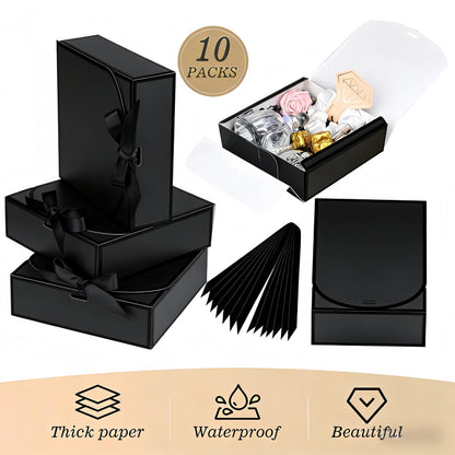 Treelement 10Pcs Black Gift Boxes with Lids,10.6×7.8×3.1 Inch Bridesmaid Proposal Boxes with Ribbons and Stickers for Wedding Gifting,Birthday,Party Favors，Baby Shower,Return Gifts
