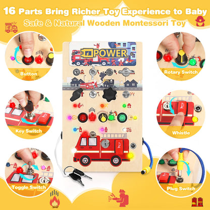 Busy Board for Toddlers 1-3 Montessori Toys - 2 in 1 Wooden Sensory Toys with LED Light Switches & Screwdriver Board - Fire Truck Toddler Learning Toy for 2 3 4 Year Old Boy Girl Car Plane Travel
