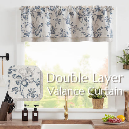 jinchan Linen Valance Curtain Farmhouse Window Decor Floral Print for Kitchen Living Room Double Layer Blackout Valance 18 Inches Rustic Window Treatment 1 Panel Rod Pocket Blue on Beige