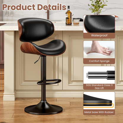 YaFiti Swivel Bar Stools Set of 2 for Kitchen Counter, Adjustable Bentwood Barstools, Modern PU Leather Upholstered Bar Chair with Back and Footrest, for Bar, Kitchen, Dining Room, Black