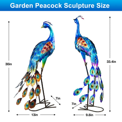 Ruifabo 33.4“ Lifelike Metal Peacock Garden Sculptures Set of 2 - Hand-Painted Garden Peacock Sculpture Art and Durable Yard Art Outdoor - Garden Large Peacock Decorations for Patio Lawn or Backyard