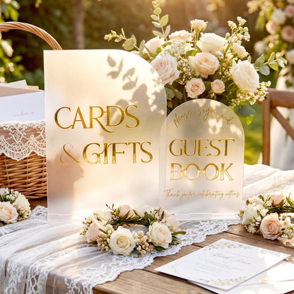 Amyhill 2 Pcs Acrylic Wedding Signs for Reception 8 × 10'' Cards and Gifts 5 x 7'' Please Sign Our Guestbook Sign with Stand Wedding Table Decor for Marriage Memorial Ceremony(Gold,Black,Minimalist)