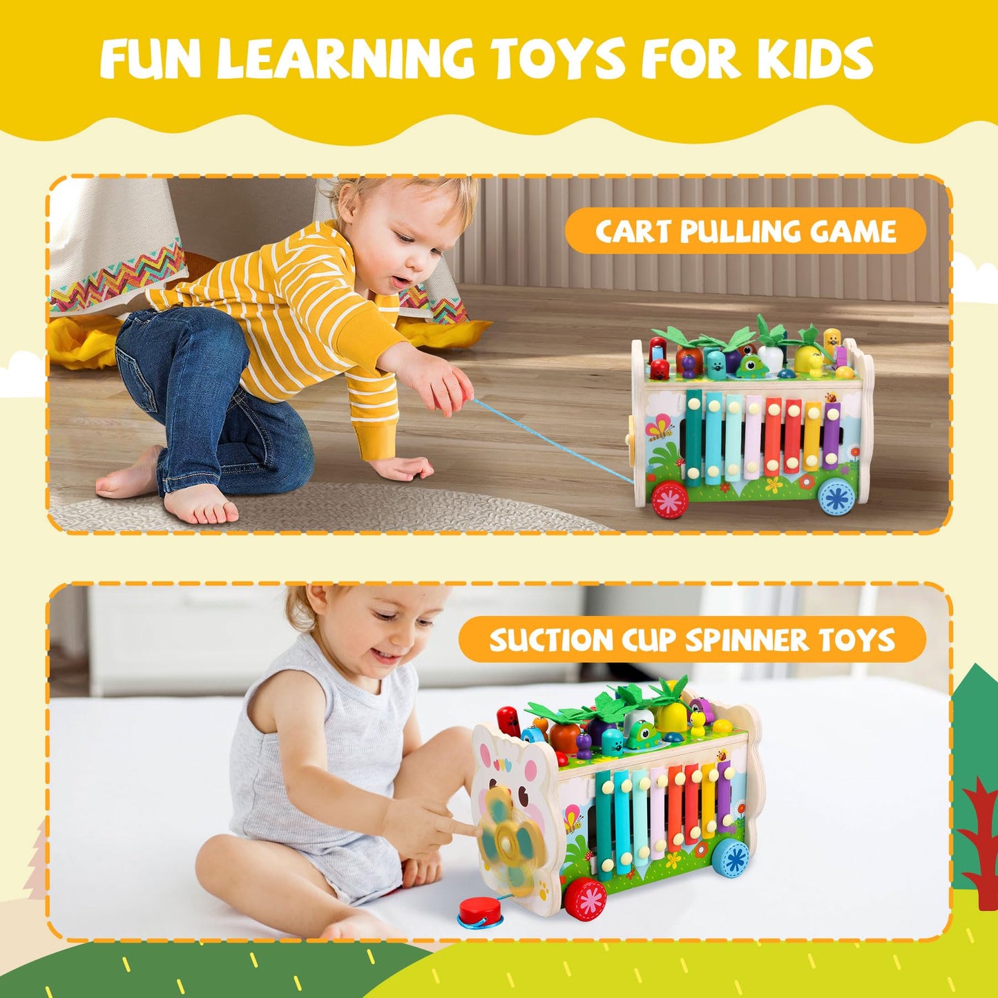 9 in 1 Montessori Toys for 1 Year Old, Wooden Hammering Pounding Toy Game with Xylophone for Toddlers 1-3, Gears and carrot harvest,1 Year Old Girl Birthday Easter Gifts, Learing Toys for babies