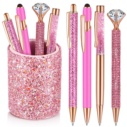 Sabary 8 Pcs Shiny Pink Pens with Pen Holder for Desk Glitter Crystal Diamond Cute Ballpoint Fancy Pencil Holder Bling Desk Organizer for Women Girls School Office Supplies Wedding Graduation Gifts