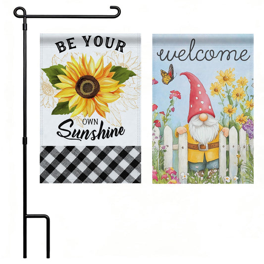 Topadorn Suede Garden Flag Stand Set with 2 Suede Double-Sided 12x18 Inch Flags – Metal Holder Pole Stake for Yard, Patio, Lawn Outdoor Decor(Flower)
