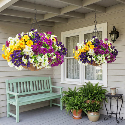 2 Set Artificial Outdoor Flowers with Hanging Baskets,24 Pcs UV Resistant Faux Petunias Flowers with Hanging Planter for Front Door Porch Spring Outside Decor (2, White,Yellow,Purple,RedViolet)