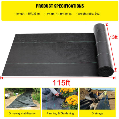 Doniks 13x115ft Driveway Fabric,5OZ Commercial Heavy Duty Weed Barrier Fabric, Garden Landscape Fabric,French Drain Fabric for Erosion Control,Landscape Fabric,Weed Barrier,Construction Projects