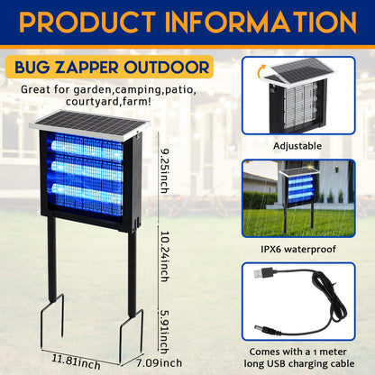 Qualirey 1 Pcs Solar Bug Zapper Outdoor Waterproof Mosquito Zapper with 3000v High Powered Rechargeable Electric Mosquito Killer with Grounding Bracket Fly Insect Trap for Patio Garden