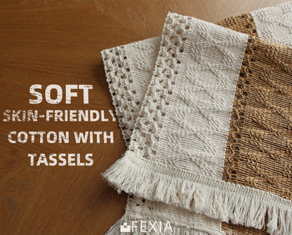 FEXIA Boho Placemats Set of 4, Macrame Table Decor Farmhouse Style Placemats in Natural Cotton Burlap, for Kitchen and Dining Table Centerpiece Home Decorations