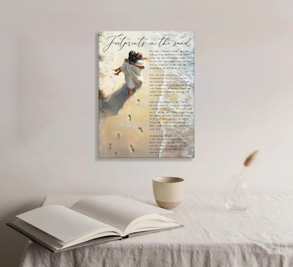 Footprints in the Sand Canvas Wall Art Chrisitan Inspirational Painting Picture Jesus Hugging Woman on Beach Poster Prints for Christian Women Living Room Bedroom Wall Decor 12x16in Framed