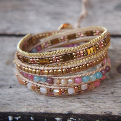 Plumiss Women Boho 5 Wraps Stone Crystal Bracelets Handmade Beaded Statement Stainless Steel Box Chain Bracelet Jewelry