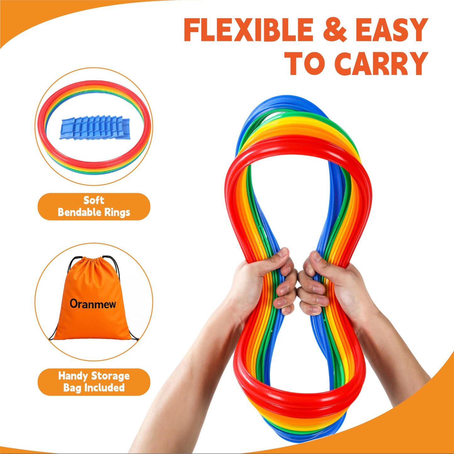 Oranmew Hopscotch Rings – Hoop + Square, 2-Set – (10 Round + 10 Square, 15-inch) + 30 Connectors, Agility Rings for Kids, Gross Motor Skills, Preschool & Kindergarten PE, Playground Obstacle Course