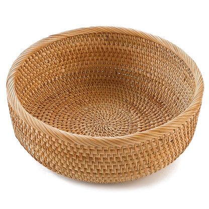 HITOMEN Handmade Rattan Bread Baskets Round Wicker Fruit Serving Storage Bowls, Natural Woven Decorative Kitchen Counter Organizing (Honey Brown) M-9.2"