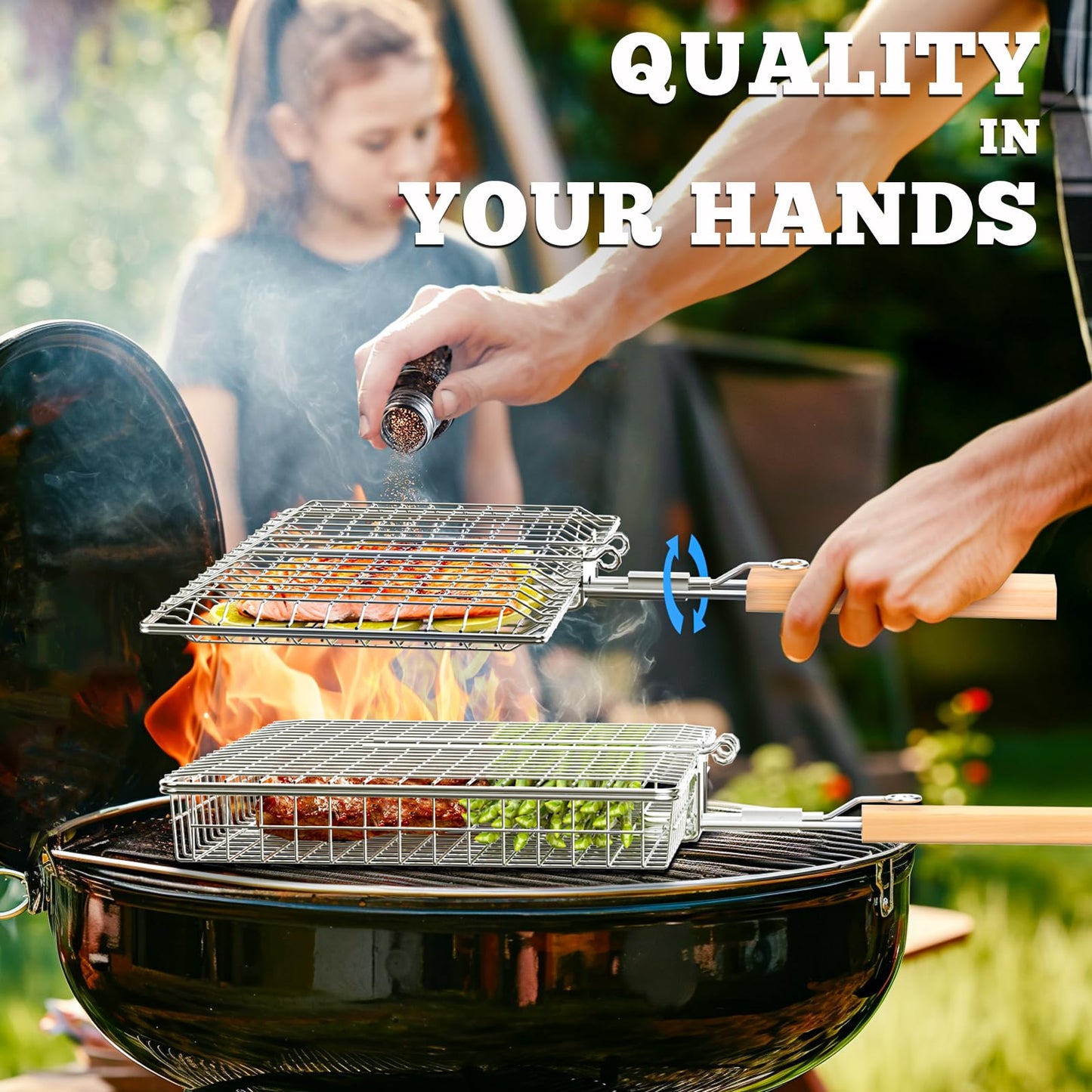 ivtivfu Fish Grill Basket Set, Removable Wooden Handle, 304 Stainless Steel, Nesting BBQ Tools, Smoker Grilling Accessories for Vegetable, Outdoor Cooking Camping, Birthday Gifts for Men Dad Husband