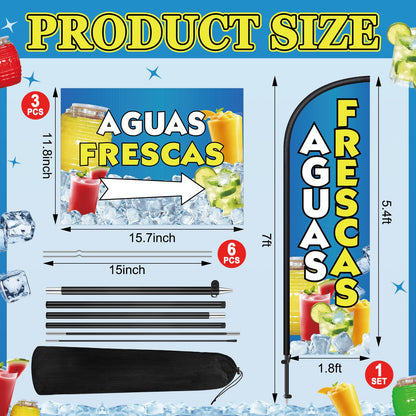 Hahafelt 5 Pcs Aguas Frescas Stand Decor Kit Swooper Feather Flag with Pole Yard Sign and Banner for Outside Advertising Business Lawn Outdoor Decorations