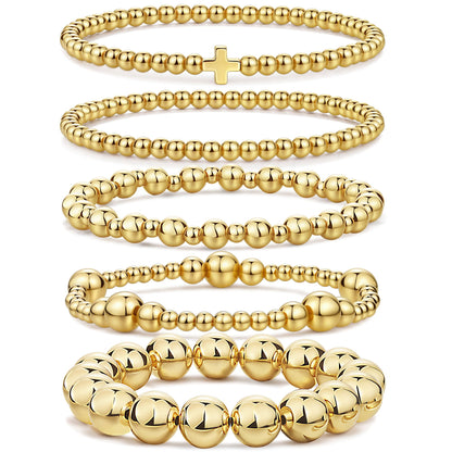 Qiuseadu Chunky Gold Beaded Stack Bracelets Beads Ball Cross Colorful Statement Bracelets Set for Women (Full Gold Statement)