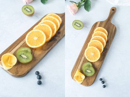BILL.F Acacia Wood Cutting Board with Handle Small Size Long Wooden Charcuterie Board Paddle Cheese Board Serving Boards for Kitchen Meat, Pizza,Cheese, Bread, Vegetables &Fruits 16'' x 4.7'' x 0.6''