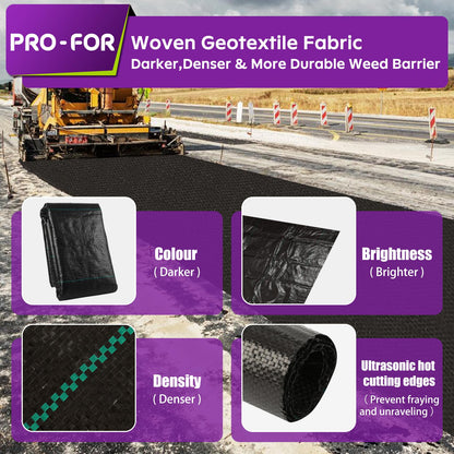 PRO-FOR 3FT x 100FT 3.2oz Heavy Duty Weed Barrier Landscape Fabric – Premium Woven Ground Cover for Gardening, Farming & Driveways, Breathable Weed Control Cloth with 10 U-Shaped Securing Pegs