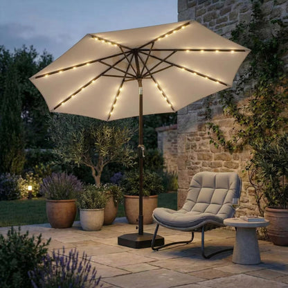 Kingdura 9FT Outdoor Patio Umbrella with Solar Lights, Market Table Umbrella with Push Button Tilt & Crank, 8 Sturdy Ribs, 32 LED Lights, UV Protection for Garden Lawn Deck Backyard Pool (Beige)