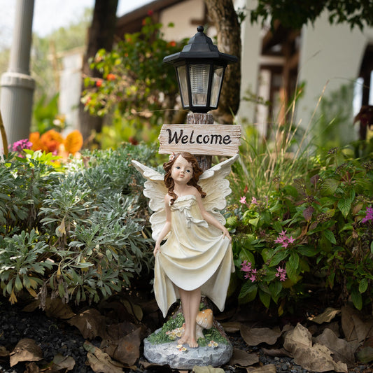 Floryden Garden Fairy Solar Light Welcome Sign, 22" in Height, Decorative Outdoor Statue with Auto Light-Up Feature