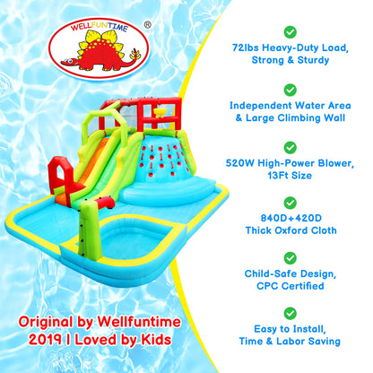 WELLFUNTIME Inflatable Water Slide Park, Bouncy Castle with Deep Pool, 191 x 157.5 x 100 Inch, Jumping Castle with Air Blower