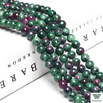 WHNKFB 10mm 50PCS Natural Ruby Zoisite Round Beads, Red-Green Loose Gemstone Beads for Jewelry Making Craft - 4mm 6mm 8mm 10mm Options with Free Elastic Cord