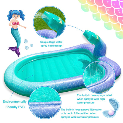 75" Sprinkler & Splash Pad for Kids, Large Outdoor Mermaid Sprinklers Play Mat Summer Water Play Toys Inflatable Sprinkler Pad, Fun Play Pool for Toddlers Babies Over 3 Years Boys Girls