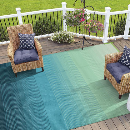 Anidaroel 8x10ft Ombre Outdoor Rug for Patios Clearance, Waterproof Camping Rug for Outside RV, Reversible Plastic Straw Outside Rugs, Large Outdoor Area Rug for Camper, Picnic(Blue&Green,8'x10')