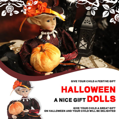 brableewear Halloween Fairy Elf Doll Posable Witch Sitting Doll Cute Elf Girl Holding Pumpkin Figurines Mantel Ornaments Home Decor