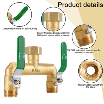 EBH Garden Hose Splitter, 2-Way High Flow Heavy Duty Brass Outdoor Hose Manifold with Extra Long Handles Full Flow Faucet Adapter- 3/4” GHT(Green)