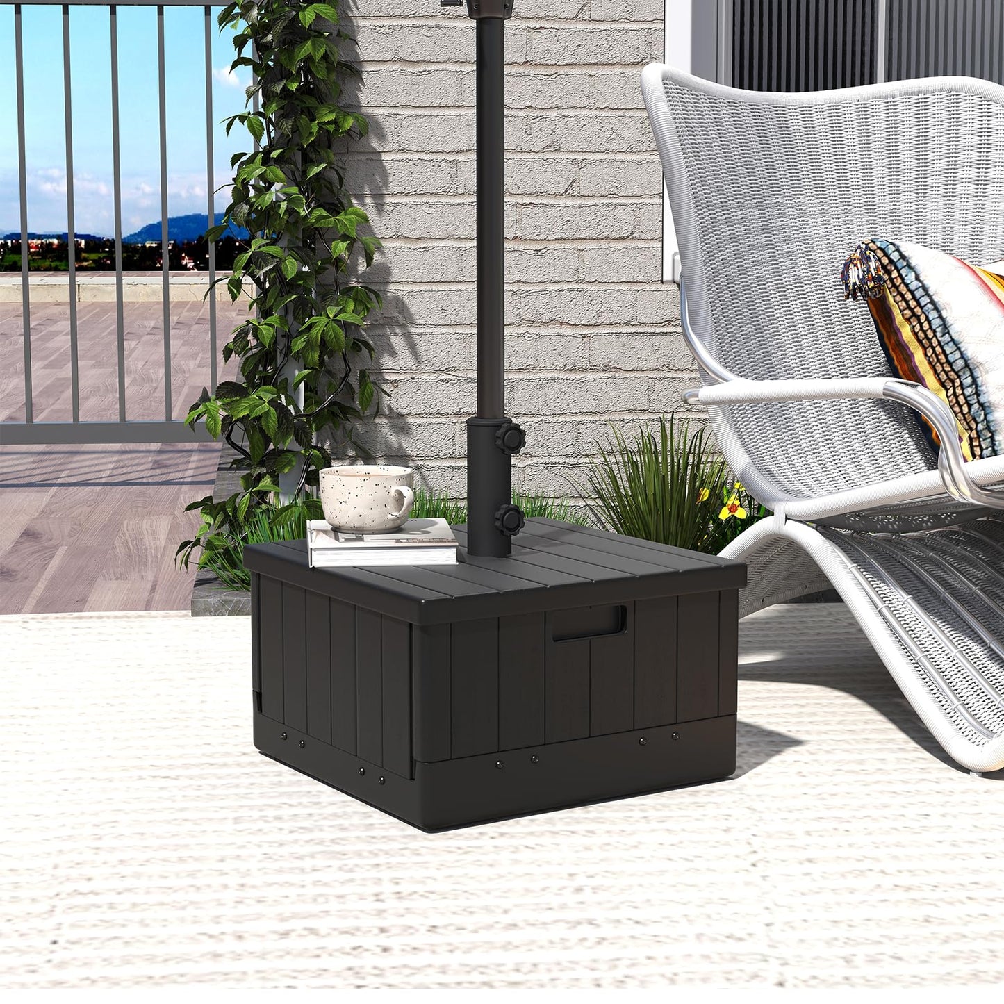Helios&Hestia 3-in-1 Plastic Patio Umbrella Base Stand Weight with Wheels 176lbs with Sand Filled, Can be Used as Outdoor Coffee End Table, Flower Planter Box, Fits 7 to 11ft Market Umbrellas, Black