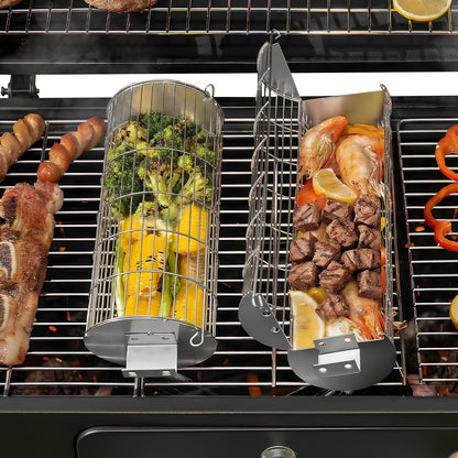TNTOR Rolling Grill Basket, Larger 304 Stainless Steel Nesting Grilling Net, Removable Handle, BBQ Accessories Tools for Veg Shrimp, Outdoor Cooking Camping grilling gifts for men Dad Husband