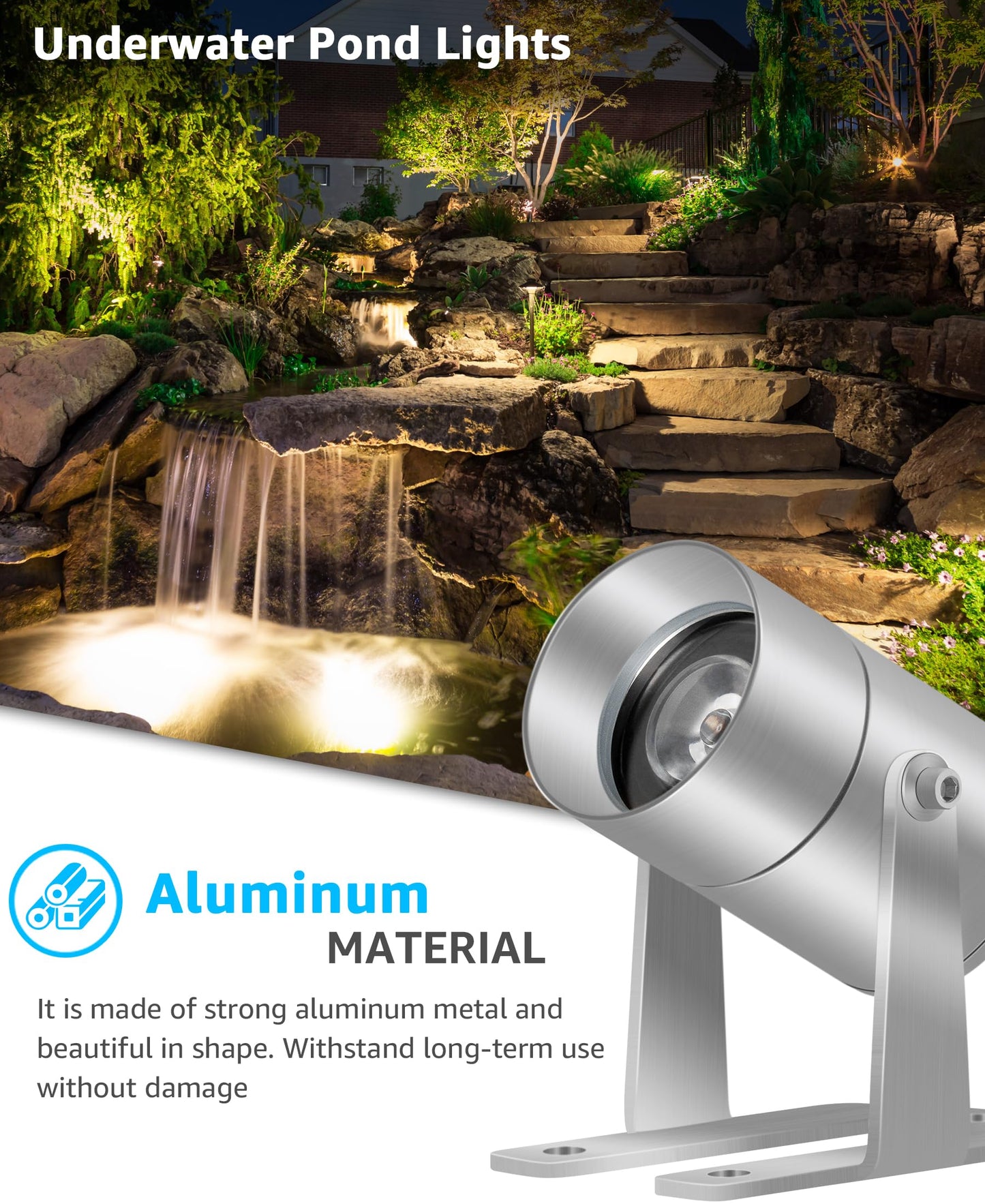 SUNVIE Pond Lights LED Underwater Submersible 12-24V AC/DC Fountain Lights Submersible Outdoor LED 3W Underwater Pond Light for Outdoor Ponds Fountains, IP68 Waterproof Warm White Fountain Ponds Light