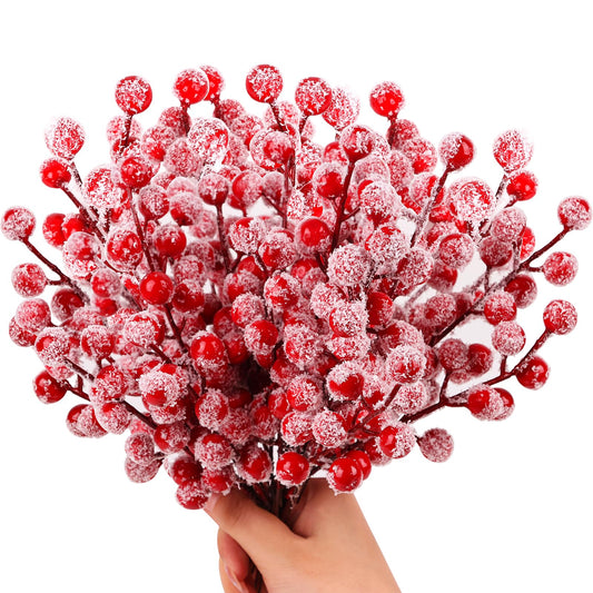 FOIMAS Snow Frosted Artificial Red Berry Stems,24 Pack Christmas Berry Spray Picks Holly Berries Branches for Christmas Tree DIY Craft Home Decoration