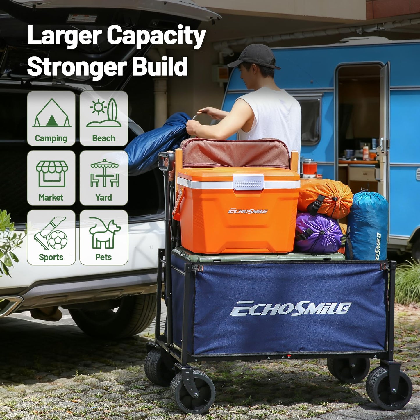 EchoSmile Collapsible Wagon Cart for Camping & Beach - Heavy Duty 400lbs Capacity All-Terrain Cart with Wide Wheels, Portable Folding Utility Wagon for Grocery, Garden, Sports,Blue&Orange