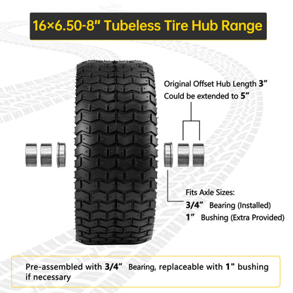 2 Pcs 16x6.50-8 Tubeless Lawn Mower Tire and Wheel, 16x6.5-8 Lawn Mower Tire, with 3/4" Bearing (extra 1" Bushing), 3-5" Offset Hub, 4-Ply Tubeless, 35 PSI, Fits Riding Mower & Lawn Tractors, 715 lbs
