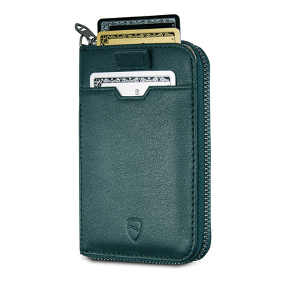 Vaultskin NOTTING HILL Minimalist Leather Zipper Wallet for Women and Men: Slim Multi Cardholder with RFID Blocking and Keychain Ring (Green)