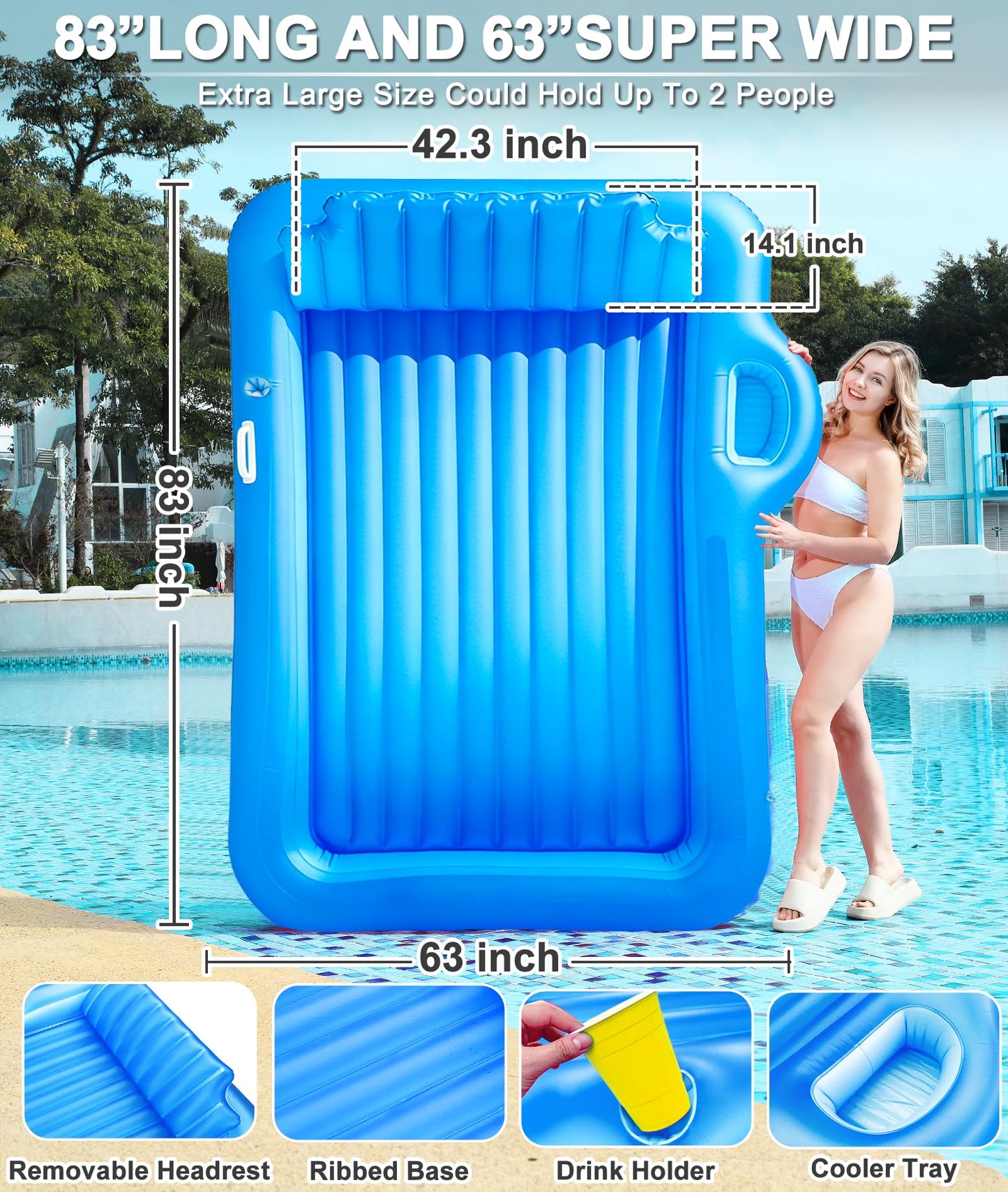 83"x63" Extra Large Inflatable Tanning Lounger Float with Sprinkler,2-Person Pool Float Adults with Backrest,Cup & Food Holder Blow Up Tanning Bed for Summer Beach Pool Party(Extra Large-Blue)