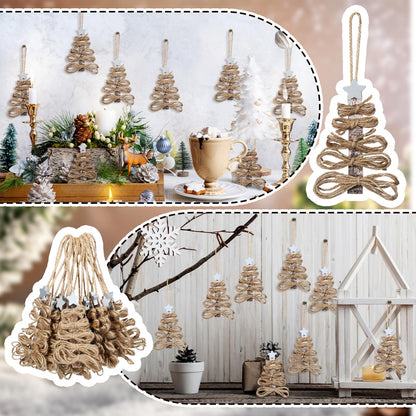 Soulchen 12 Pieces Twine Christmas Tree Ornaments Funny Farmhouse Christmas Tree Ornaments Rustic Xmas Decorations Natural Jute Hanging Decors for Xmas Party DIY Crafts Home Decor