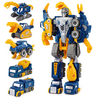 Fuzzy Pixie Toddler Construction Car Transform Set, 5pcs Dinosaur Rescue Robot with Magnetic Connectors, Assemble Building Trucks DIY STEM Toy, Birthday Present for Kids Boy Girl 3 4 5 6 7 Year