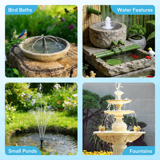 NFESOLAR 6.5W Solar Fountain Pump for Bird Bath, Solar Water Fountain with Dry-run Protection Water Pump, 8 Nozzles Modes, 5Ft Tubing for Pond, Bird Bath, Backyard DIY Water Feature Used