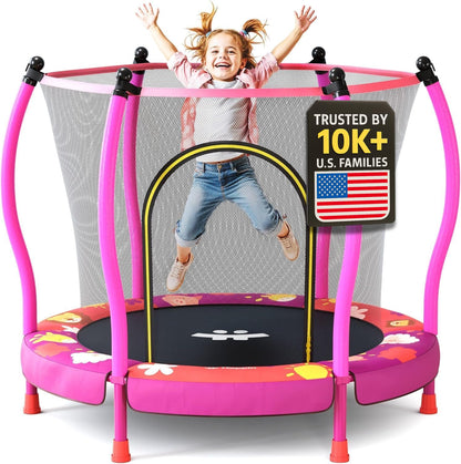 Happin® 55'' Toddler Trampoline Indoor & Outdoor with Safety Enclosure, 5FT Recreational Trampoline for Kids, Ages 1-8 with Basketball Hoop, No-Gap Design, Toddler Gift for Boy & Girl