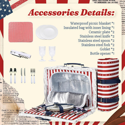 Wicker Picnic Basket for 2 with Waterproof Picnic Blanket and Insulated Bag, Patriotic Red White and Blue Star Pattern for Soccer Game, Camping, Travel, Birthday Gift, Wedding Gift