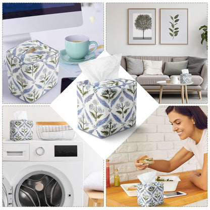 Mimorou Blue Fabric Tissue Box Cover - Floral Print Tissue Box & Decorative Square Napkin Holder Handmade Cotton for Home Bedroom Vanity Countertop Night Stands Office